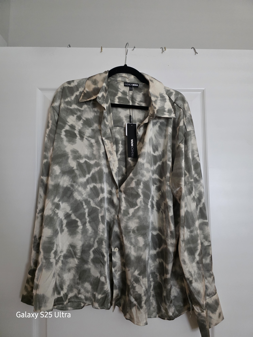 Two Pieced Fashion Nova Tie-Dye Button-Up Shirt And Pants in Sage and Cream